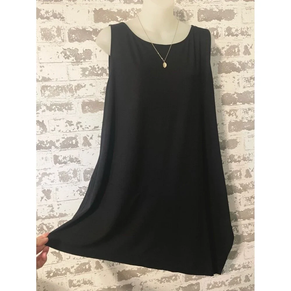 Eileen Fisher Black Asymmetrical Tunic Tank Top XL Minimalist Draped Hem